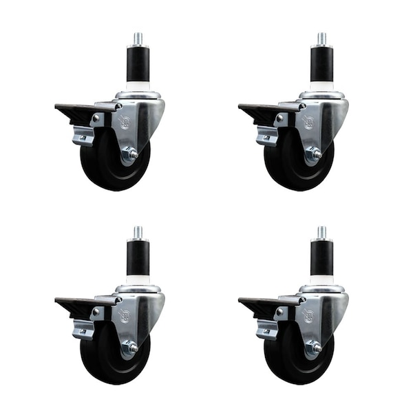 3.5'' Hard Rubber Swivel 1-3/8'' Expanding Stem Caster Set with Brake, 4PK